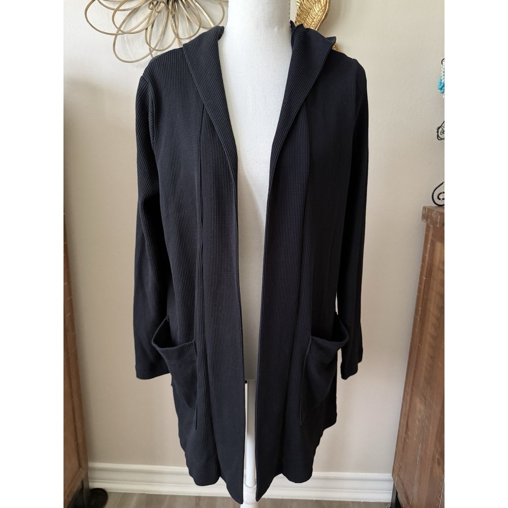 Splendid Women's Hooded Waffle Knit Thermal Flight Cardigan Black Medium M